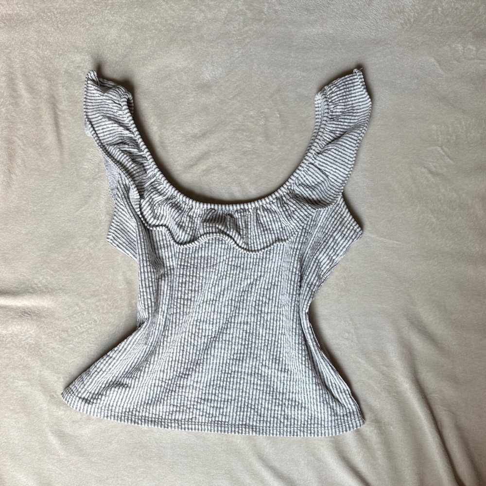 Boden Gray Striped Ruffle Blouse